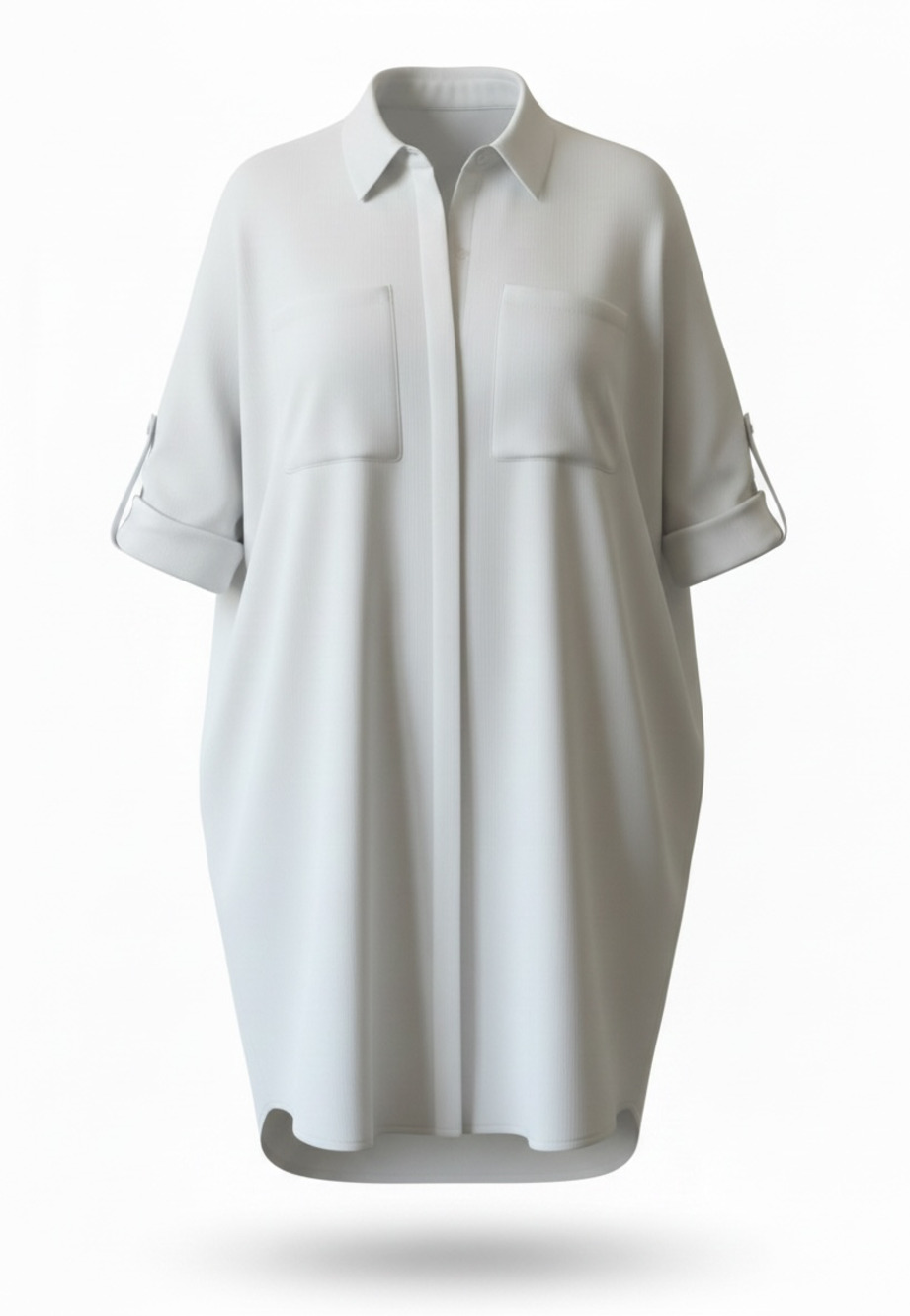 Women's White Button-Down Shirt Dress with Chest Pockets and Roll-Tab Sleeves